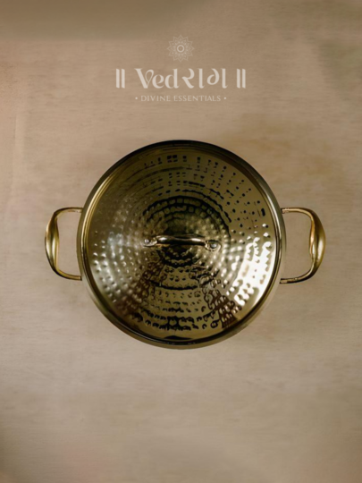 Brass Kadhai with Lid | Traditional Handcrafted Cooking Pot | Pure Brass Deep Fry Pan for Healthy Cooking 02