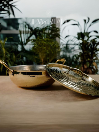 Brass Kadhai with Lid | Traditional Handcrafted Cooking Pot | Pure Brass Deep Fry Pan for Healthy Cooking 04