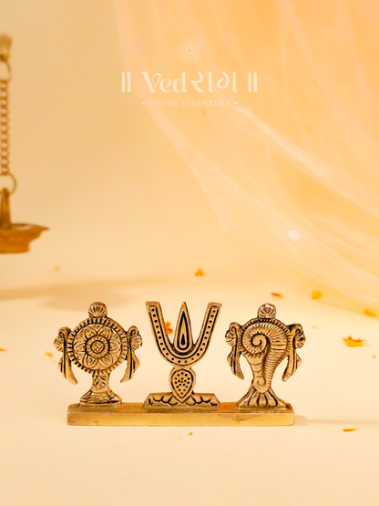 Brass Shankhu Chakra Tripund Stand | Sacred Symbol of Protection & Spirituality | Handcrafted Brass Stand for Home & Temple