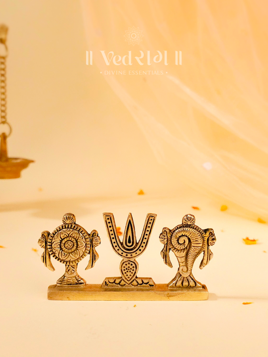 Brass Shankhu Chakra Tripund Stand | Sacred Symbol of Protection & Spirituality | Handcrafted Brass Stand for Home & Temple