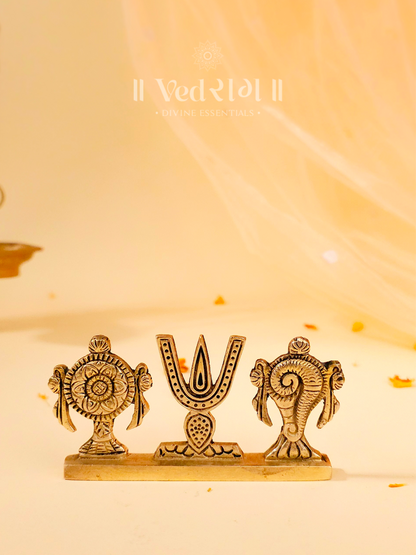 Brass Shankhu Chakra Tripund Stand | Sacred Symbol of Protection & Spirituality | Handcrafted Brass Stand for Home & Temple