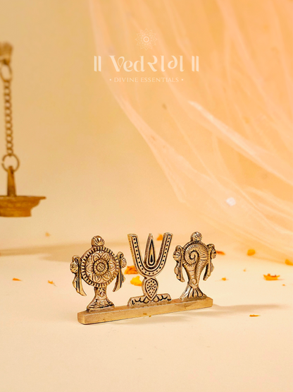 Brass Shankhu Chakra Tripund Stand | Sacred Symbol of Protection & Spirituality | Handcrafted Brass Stand for Home & Temple