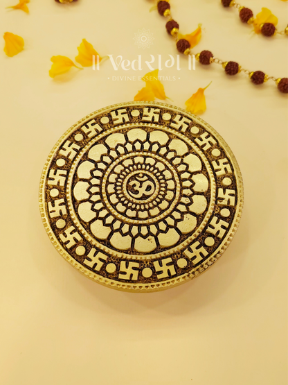 Brass Om Swastik Chowki | Auspicious Brass Pooja Chowki for Spiritual & Vastu Blessings | Decorative Temple Stand for Home & Mandir