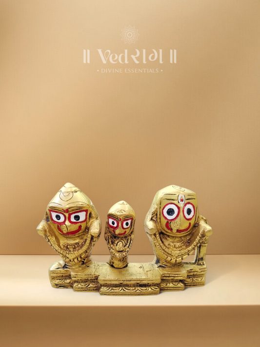 Brass Puri Jagannath, Balaram & Subhadra Idol | Handcrafted Sacred Brass Deities from Puri Temple | Divine Home & Puja Decor
