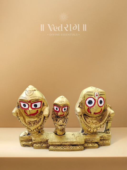 Brass Puri Jagannath, Balaram & Subhadra Idol | Handcrafted Sacred Brass Deities from Puri Temple | Divine Home & Puja Decor