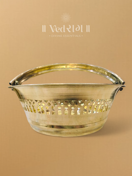 Brass Pooja Basket / Dolchi | Traditional Handcrafted Brass Basket for Temple Rituals, Offerings & Decor | Antique Gold Finish | Ideal for Home & Mandir Use