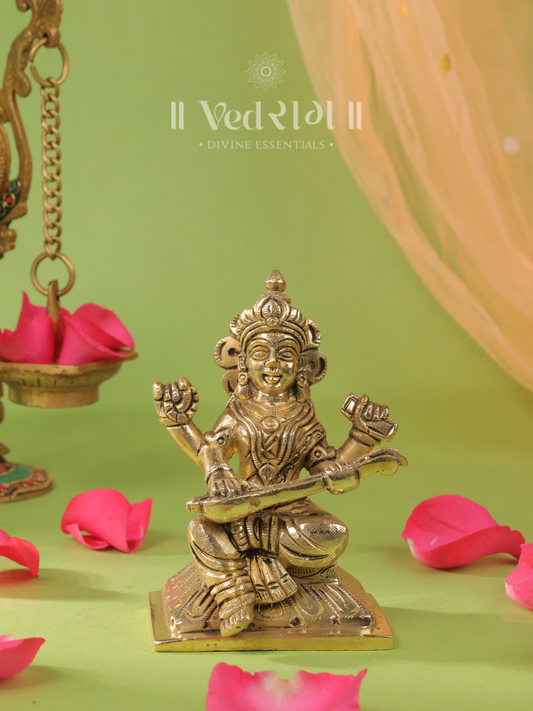Brass Vidya Rupini Saraswati | Goddess of Knowledge & Wisdom | Handcrafted Brass Saraswati Idol for Home, Temple & Study