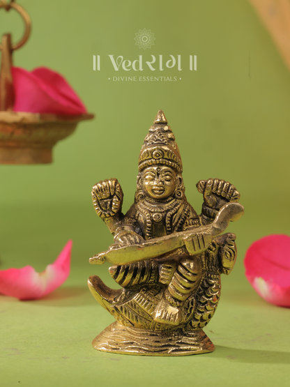 Brass Jnanamayi Saraswati | Goddess of Wisdom & Knowledge | Handcrafted Brass Saraswati Idol for Home & Temple