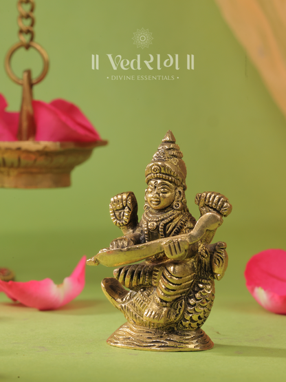 Brass Jnanamayi Saraswati | Goddess of Wisdom & Knowledge | Handcrafted Brass Saraswati Idol for Home & Temple