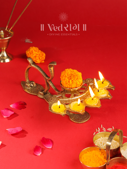 Brass Panch Aarti Stand | Traditional Five-Wick Diya for Pooja & Aarti | Handcrafted Brass Worship Lamp | Temple & Home Rituals