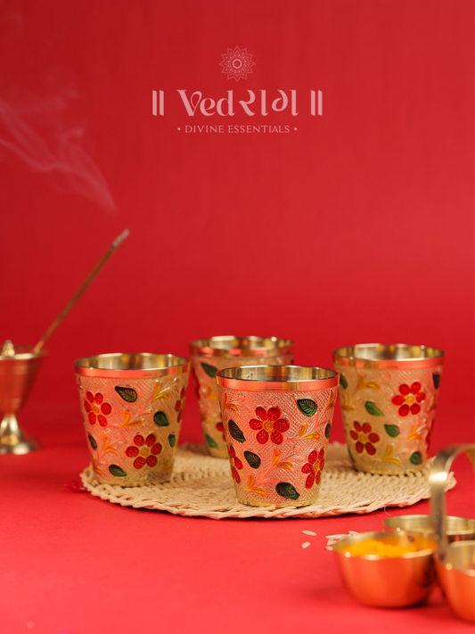 Brass Etching (Colour) Glass | Handcrafted Decorative Brass Glass with Intricate Designs | Antique Finish Drinkware for Home & Gifting