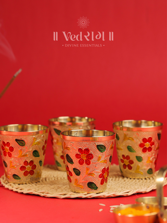 Brass Etching (Colour) Glass | Handcrafted Decorative Brass Glass with Intricate Designs | Antique Finish Drinkware for Home & Gifting